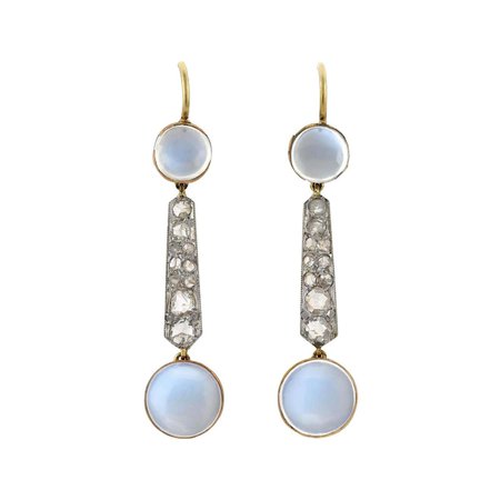 Edwardian Moonstone and Rose Cut Diamond Drop Earrings For Sale at 1stDibs