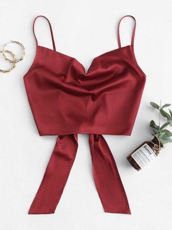 [34% OFF] 2021 ZAFUL Cropped Tie Back Satin Cowl Front Cami Top In RED WINE | ZAFUL