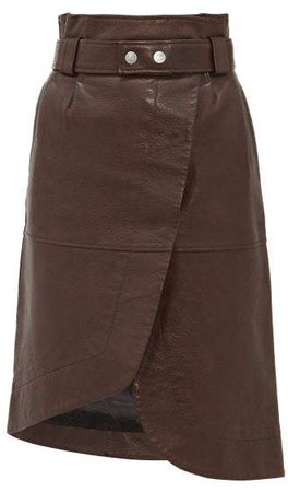 Asymmetric Grained Leather Skirt - Womens - Dark Brown