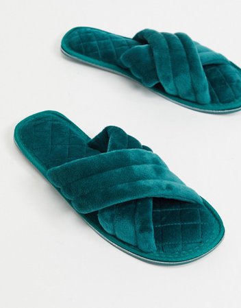 ASOS DESIGN Zada padded cross strap slide slippers in green velvet | ASOS