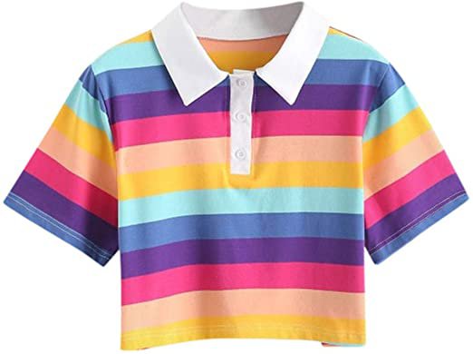 Women Teen Girls Fashion Turn-Down Collar Crop Top Sweatshirt Long Sleeve Rainbow Striped Color Block Pullover Shirts at Amazon Women’s Clothing store