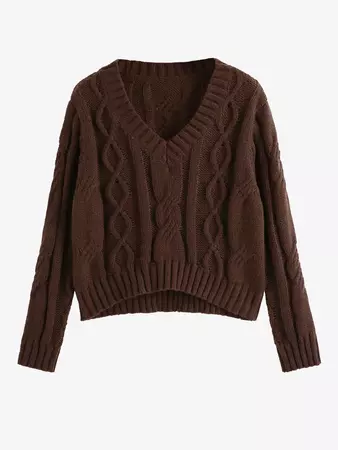 ZAFUL Women's Daily Solid Color V Neck Cable Knit Pullover Fisherman Jumper Sweater In DEEP COFFEE | ZAFUL 2024