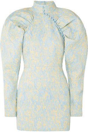 Button-detailed Crinkled-jacquard Mini Dress - Sky blue