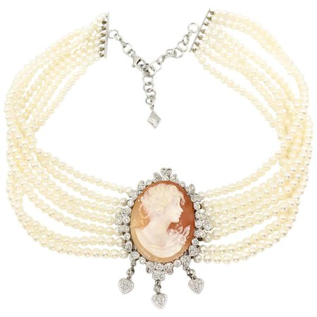 Cameo, Diamond and Pearl 18 Karat Choker Necklace