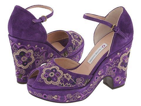 Purple peep toe pumps with floral embroidery