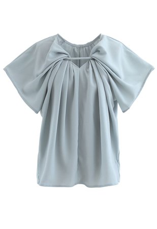 V-Neck Twisted Flare Sleeves Top in Dusty Blue - Retro, Indie and Unique Fashion