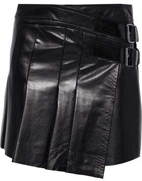Buckled Pleated Leather Mini Skirt