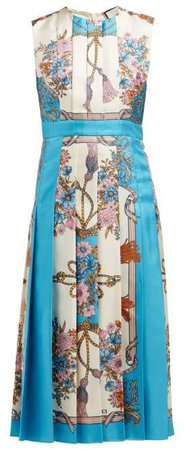 Pleated Intrigue Print Silk Midi Dress - Womens - Blue Multi