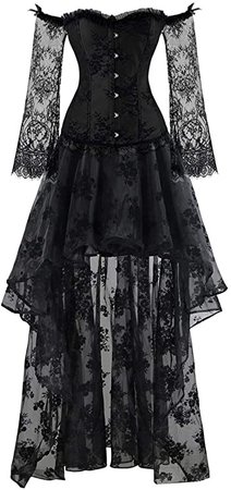 *clipped by @luci-her* Women's Steampunk Victorian Off Shoulder Embroidery Long Sleeves Corset Top With High Low Skirt Set Black Small: Clothing