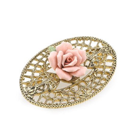 1928 Jewelry Gold-Tone Pink Porcelain Rose Filigree Brooch