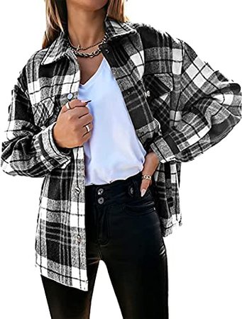 SeekMe Women's Flannel Shirt Lapel Button Down Short Brushed Flannels Shacket Blouse Top Coat at Amazon Women’s Clothing store