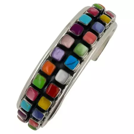 Geometric Colored Rainbow Cab Gemstone Sterling Silver Wide Cuff Bangle Bracelet For Sale at 1stDibs