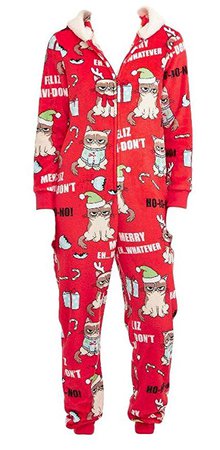 Amazon.com: Grumpy Cat Holiday Women's One Piece Costume Union Suit Pajama Pjs Lounge Hooded (Medium 10-12) Red: Clothing