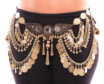Classic Coin Belly Dance Belt with Swags, Mirrors, and Bells in Gold
