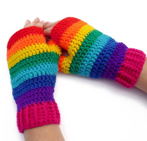 Rainbow Striped Fingerless Gloves Bright Colourful Crochet | Etsy