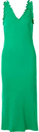 Ruffle-trimmed Washed-satin Midi Dress - Green