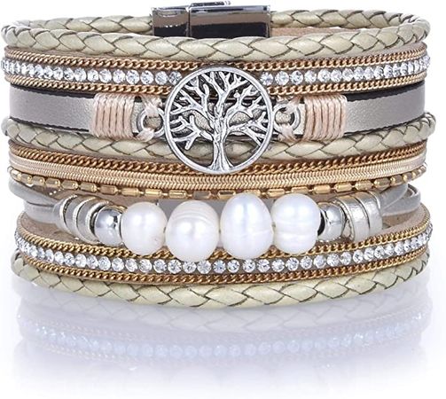 Amazon.com: KALIFANO Beige Woven Leather Charm Bracelet with Tree of Life Pendant - Bohemian Layered Cuff Bracelet with Cultured Fresh Water Pearls, Crystals, and Magnetic Clasp for Women: Clothing, Shoes & Jewelry