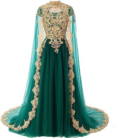 Kivary Gold Lace Vintage Long Prom Evening Dresses Wedding Gowns with Cape at Amazon Women’s Clothing store