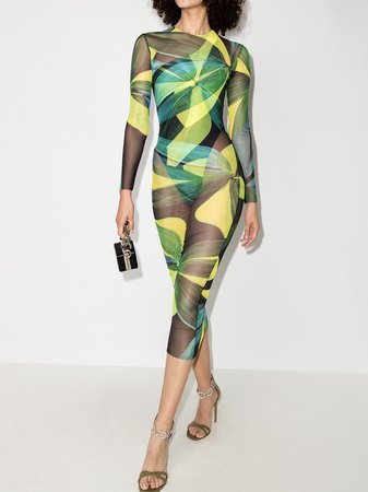 Shop yellow & green Louisa Ballou High Tide leaf-print sheer midi dress with Express Delivery - Farfetch
