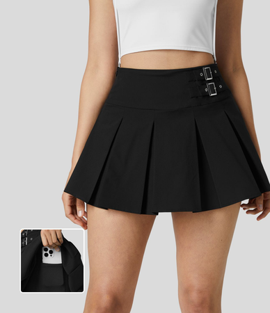 High Waisted Invisible Zipper Decorative Buckle 2-in-1 Side Pocket Pleated A Line Mini Dance Skirt | Halara | $44.95