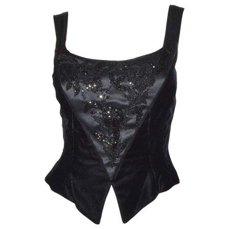 Vintage Black Velvet Bead-Embellished Corset Top For Sale at 1stDibs | vintage black corset, black velvet corset top, beaded embellished top