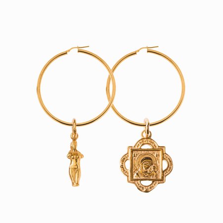 Hoop earrings with Aphrodite and Madonna and Child Quatrefoil Pendant — Sister