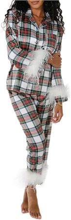Feather Christmas Pajamas Set for Women Fur Trim Long Sleeve Shirt+Pants 2 Piece Pjs Jammies Silk Loungewear (Printed Gingerbread Man, L) at Amazon Women’s Clothing store