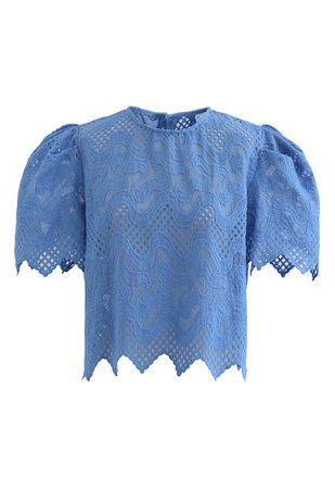 Scrolled Embroidery Zigzag Organza Top in Blue - Retro, Indie and Unique Fashion