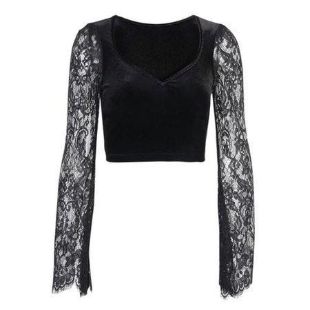 Women Gothic Lace Flare Long Sleeve T-Shirt Sexy V-Neck Velvet Black Crop Top - buy Women Gothic Lace Flare Long Sleeve T-Shirt Sexy V-Neck Velvet Black Crop Top: prices, reviews | Zoodmall