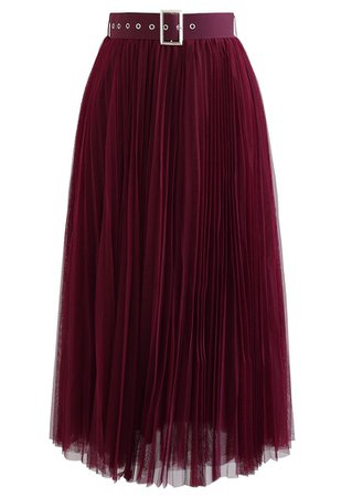 Full Pleated Double-Layered Mesh Midi Skirt in Burgundy - Retro, Indie and Unique Fashion
