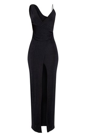 Black Textured Slinky Asymmetric Drape Maxi Dress | PrettyLittleThing USA
