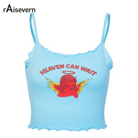Raisevern Cute Women Crop Top HEAVEN CAN WAIT Print Blue Tee Tops Harajuku Summer Tops Cropped Cami Tank Top Dropship-in Camis from Women's Clothing on AliExpress