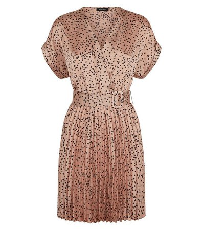 Light Brown Spot Satin Pleated Mini Dress | New Look
