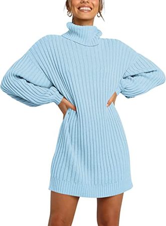 ANRABESS Women Turtleneck Long Lantern Sleeve Casual Loose Oversized Sweater Dress Soft Winter Pullover Dresses A240danlan-M Light Blue at Amazon Women’s Clothing store