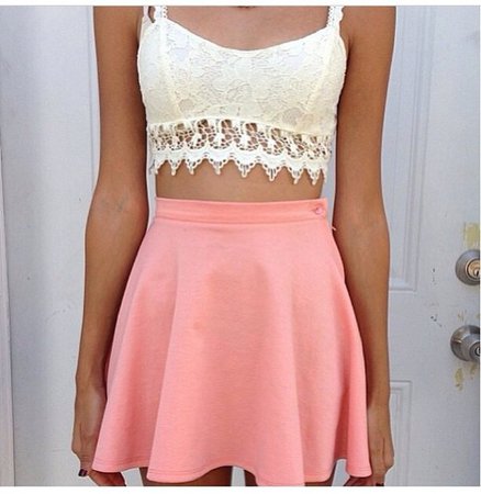 Coral Skirt And White Bikini Top