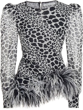 Alessandra Rich Leo Print Silk Long Sleeves Top With Feather Trim