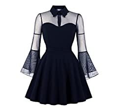 Cocktail Dresses, Wednesday Addams Dress, Women's Keyhole Mesh Bell Long Sleeves Gothic Cocktail Vintage Dress Prom Dress Short Halloween Fancy Dress Up Costume Black - Half Sleeve L at Amazon Women’s Clothing store