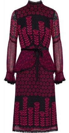 Embroidered Lace-trimmed Printed Fil Coupe Silk Dress