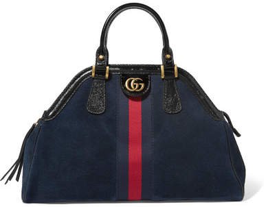 Re(belle) Small Patent Leather-trimmed Suede Tote - Navy