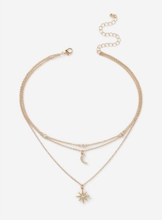 Gold Look Crystal Moon & Star Multi-Row Necklace | Miss Selfridge