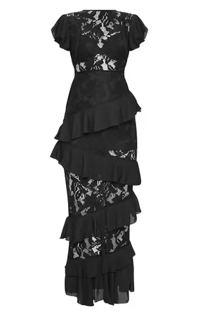 Black Lace Ruffle Detail Maxi Dress | PrettyLittleThing USA