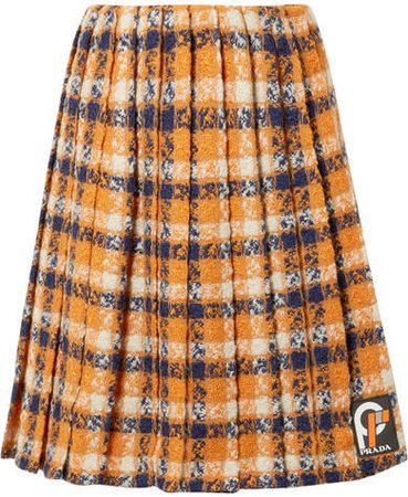 Pleated Checked Wool-tweed Skirt - Orange