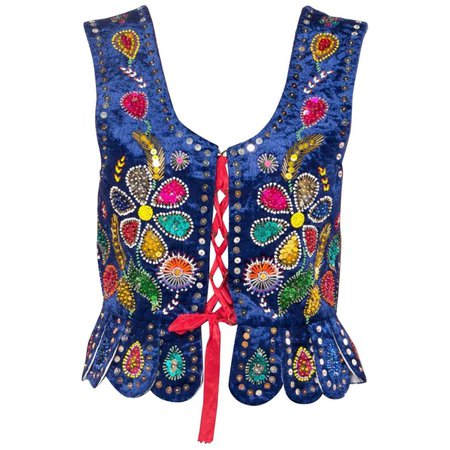 1970S Blue Cotton Velvet Boho Vest With Lacing, Floral Sequins And Beading For Sale at 1stDibs