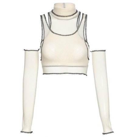 contrast stitch layered knit turtleneck top with attached arm warmers