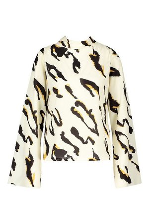 Leopard High Neck Flare Sleeve Blouse | Boohoo white