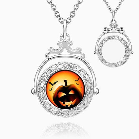 Halloween Pumpkin Lantern Vintage Embossed Mirror Necklace Platinum Plated