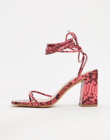 Simmi London Exclusive Polly ankle tie heeled sandals in pink snake | ASOS