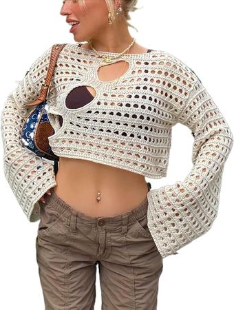 Women's Crochet Knit Crop Top Pullover Sweater Long Sleeve Hollow Out Square Neck Y2k Shirt Summer Streetwear at Amazon Women’s Clothing store