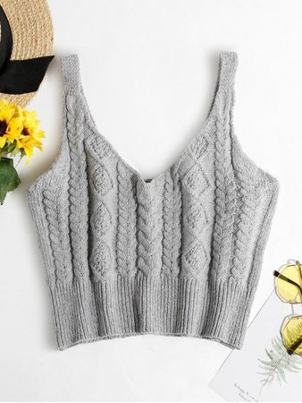 [37% OFF] [HOT] 2020 ZAFUL Cable Braided Knit Crop Sweater Tank Top In GRAY GOOSE | ZAFUL