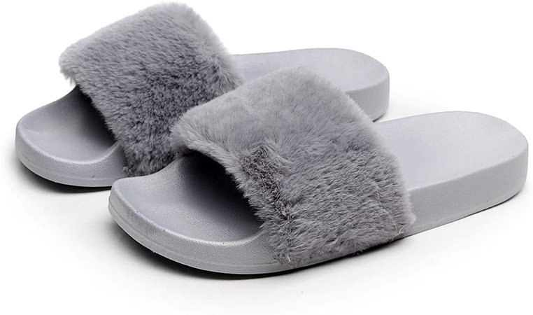 Amazon.com | Women's Open Toe Faux Fur Slip On Flip Flops Soft Flat Slide Sandals Grey 6-6.5 B(M) US | Slippers